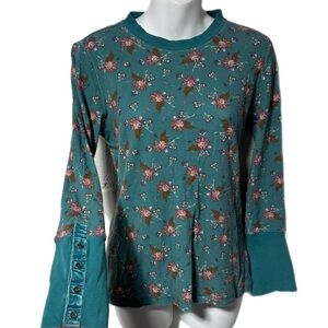 Sundance Floral Waffle Knit Thermal Top Teal Velvet Cuff Boho Long Sleeve